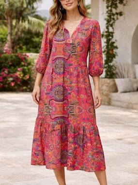 Miduo Bohemian Paisley V-Neck Midi Dress in Fuchsia Pink Size L NWT